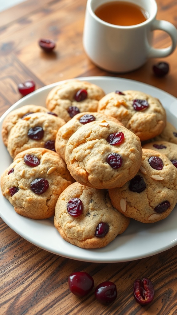 A plate of cherry almond cookies with visible cherries and almond slivers, served with a cup of tea on a rustic table.